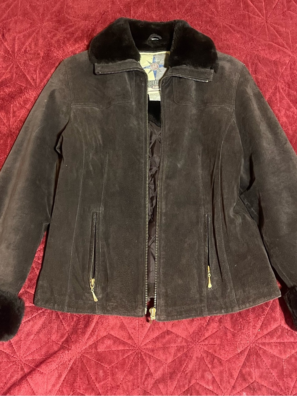 Vintage Y2K Dark Brown Genuine Suede Leather Zip-Up Jacket with Faux Fur Collar